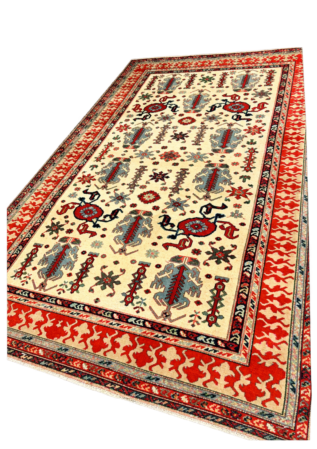 Ivory Dragon rug with red border and geometric motifs